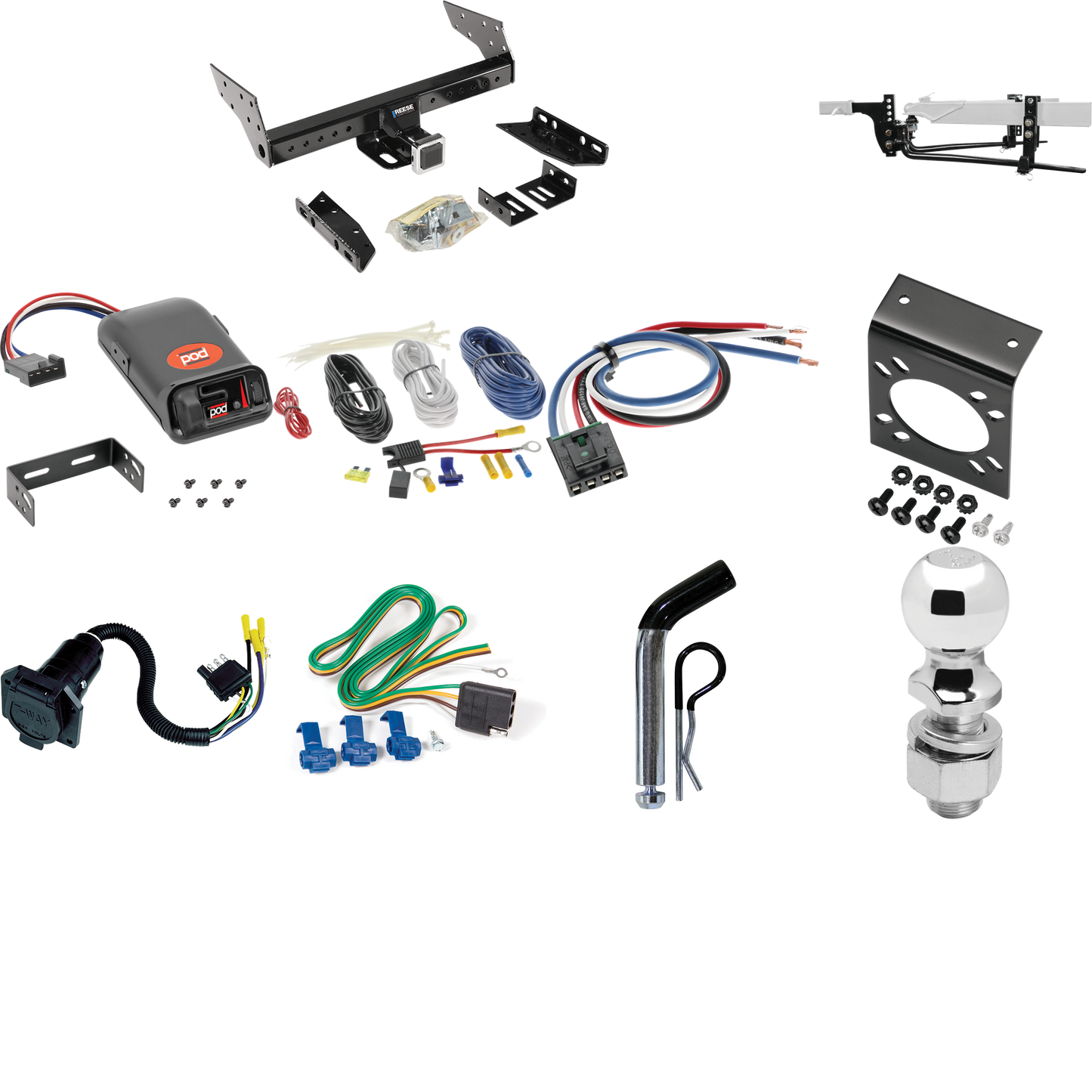 Fits 1996-1999 Chevrolet Express 2500 Trailer Hitch Tow PKG w/ 6K Round Bar Weight Distribution Hitch w/ 2-5/16" Ball + 2" Ball + Pin/Clip + Pro Series POD Brake Control + Generic BC Wiring Adapter + 7-Way RV Wiring By Reese Towpower