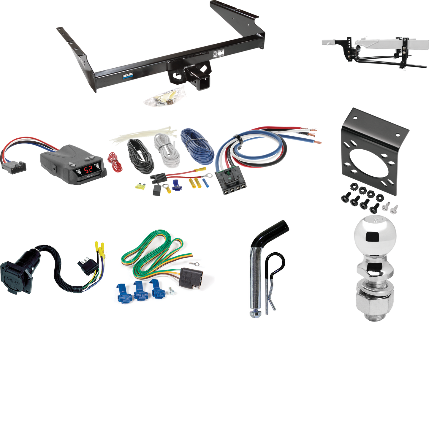 Fits 1990-2005 Chevrolet Astro Trailer Hitch Tow PKG w/ 6K Round Bar Weight Distribution Hitch w/ 2-5/16" Ball + 2" Ball + Pin/Clip + Tekonsha Brakeman IV Brake Control + Generic BC Wiring Adapter + 7-Way RV Wiring (For Extended Body Models) By Reese