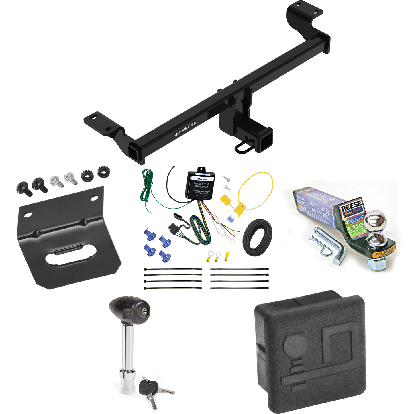 Fits 2023-2023 Ford Escape Trailer Hitch Tow PKG w/ 4-Flat Wiring + Starter Kit Ball Mount w/ 2" Drop & 1-7/8" Ball + Wiring Bracket + Hitch Lock + Hitch Cover (Excludes: Plug-In-Hybrid Models) By Draw-Tite