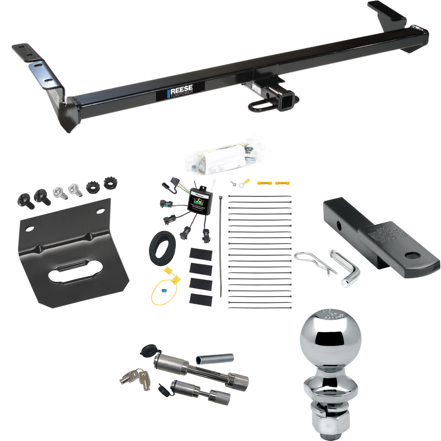 Se adapta al paquete de enganche de remolque Toyota Avalon 2000-2004 con arnés de cableado de 4 contactos planos "sin empalme" + barra de tracción + bola de 2" + soporte de cableado + enganche doble y cerraduras de acoplador de Reese Towpower