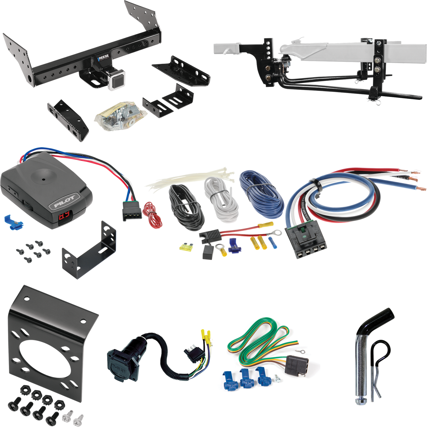 Fits 1990-1990 Chrysler Town & Country Trailer Hitch Tow PKG w/ 6K Round Bar Weight Distribution Hitch w/ 2-5/16" Ball + Pin/Clip + Pro Series Pilot Brake Control + Generic BC Wiring Adapter + 7-Way RV Wiring (For 2 WD, Long Wheelbase Models) By Rees