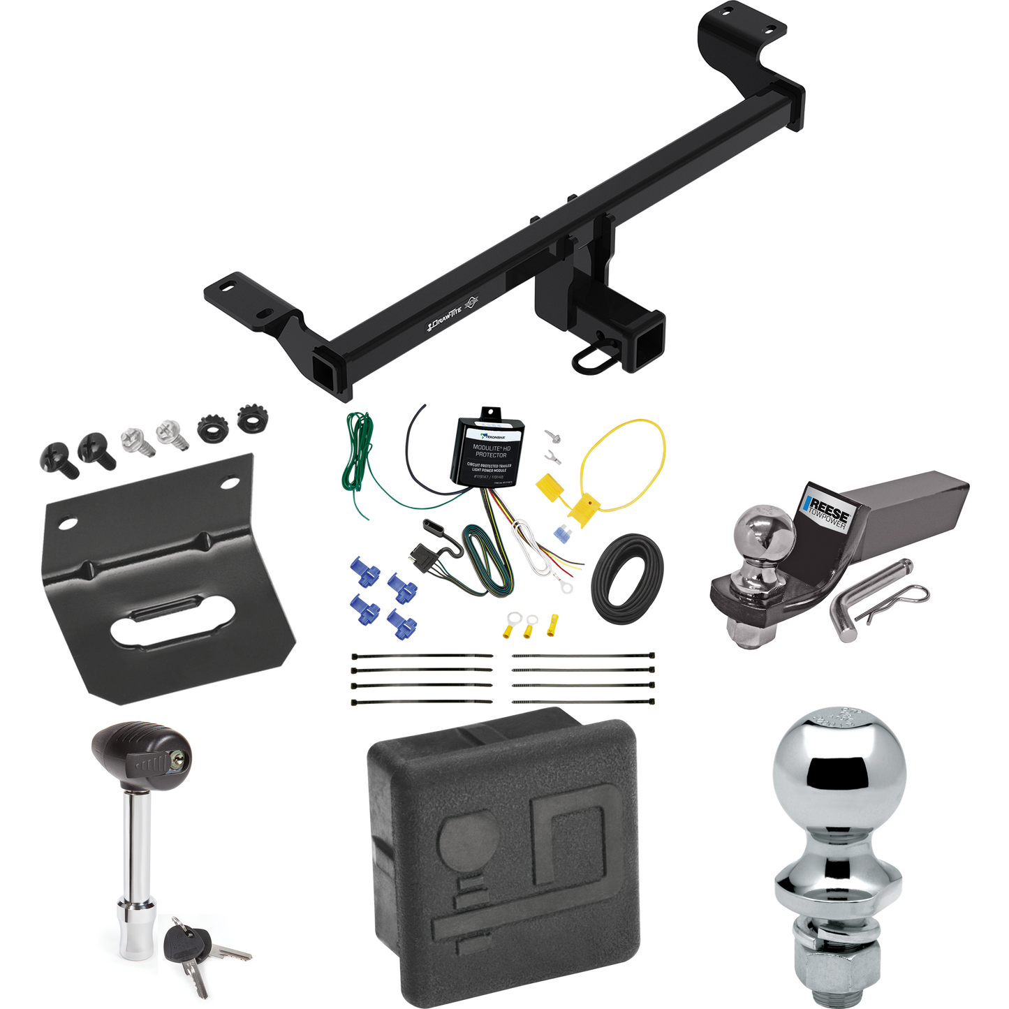 Fits 2021-2023 Lincoln Corsair Trailer Hitch Tow PKG w/ 4-Flat Wiring + Starter Kit Ball Mount w/ 2" Drop & 2" Ball + 1-7/8" Ball + Wiring Bracket + Hitch Lock + Hitch Cover (Excludes: Plug-In-Hybrid Models) By Draw-Tite