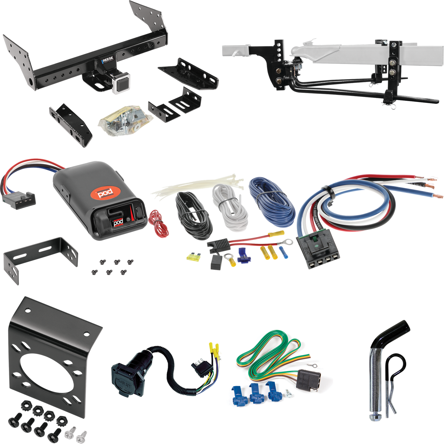 Fits 2004-2007 Dodge Grand Caravan Trailer Hitch Tow PKG w/ 6K Round Bar Weight Distribution Hitch w/ 2-5/16" Ball + Pin/Clip + Pro Series POD Brake Control + Generic BC Wiring Adapter + 7-Way RV Wiring (Excludes: w/Stow & Go Seats Models) By Reese T