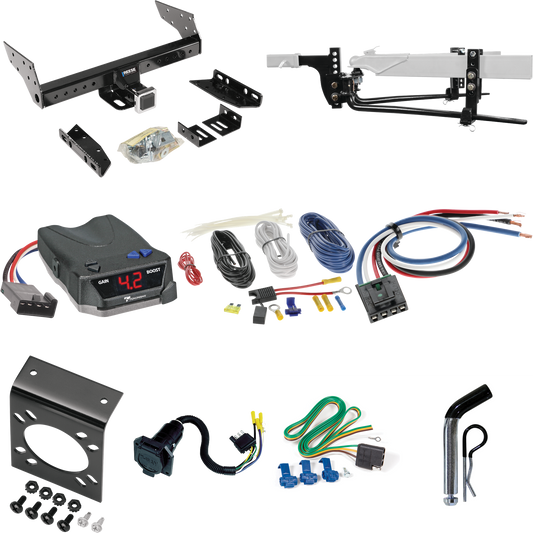 Fits 1996-1999 Chevrolet Express 1500 Trailer Hitch Tow PKG w/ 6K Round Bar Weight Distribution Hitch w/ 2-5/16" Ball + Pin/Clip + Tekonsha BRAKE-EVN Brake Control + Generic BC Wiring Adapter + 7-Way RV Wiring By Reese Towpower