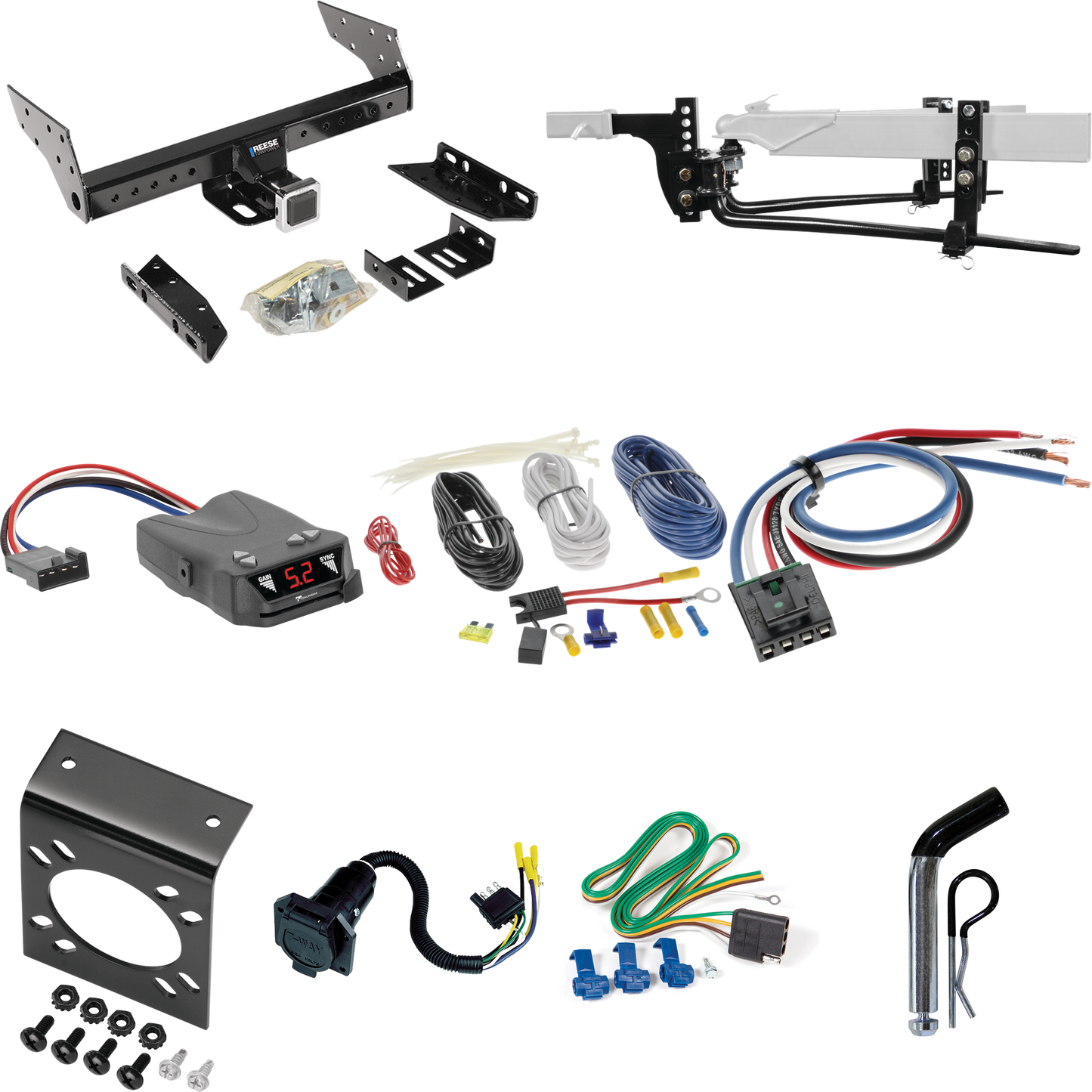 Fits 1983-1992 Ford Ranger Trailer Hitch Tow PKG w/ 6K Round Bar Weight Distribution Hitch w/ 2-5/16" Ball + Pin/Clip + Tekonsha Brakeman IV Brake Control + Generic BC Wiring Adapter + 7-Way RV Wiring (Excludes: w/Rear Fascia Models) By Reese Towpowe