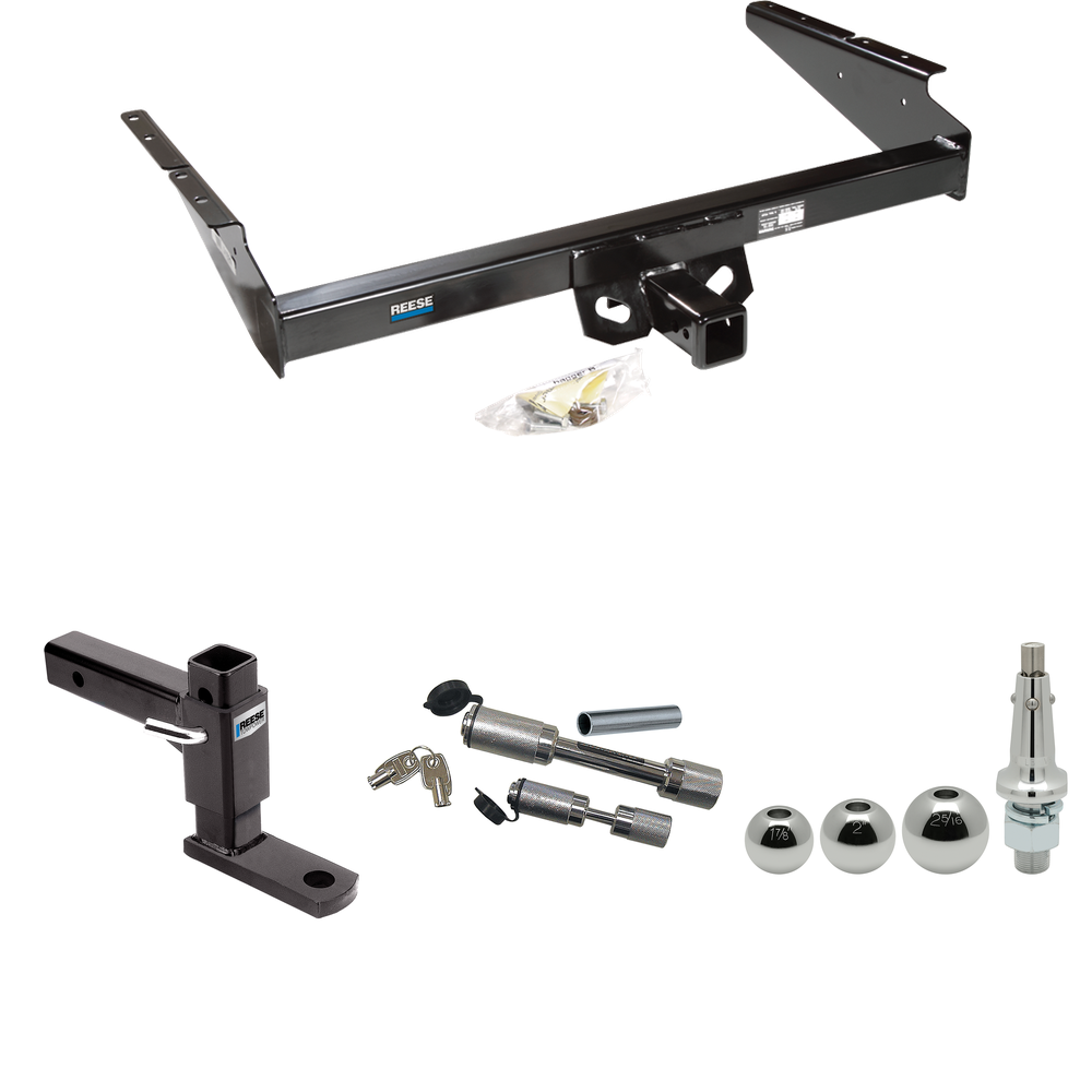 Fits 1990-2005 GMC Safari Trailer Hitch Tow PKG w/ Adjustable Drop Rise Ball Mount + Dual Hitch & Copler Locks + Inerchangeable 1-7/8" & 2" & 2-5/16" Balls (For Extended Body Models) By Reese Towpower