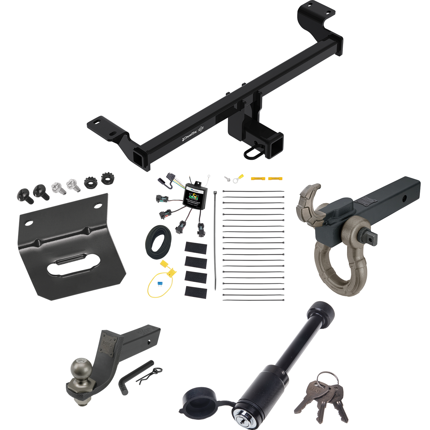 Fits 2023-2023 Ford Escape Trailer Hitch Tow PKG w/ 4-Flat Zero Contact "No Splice" Wiring + Interlock Tactical Starter Kit w/ 3-1/4" Drop & 2" Ball + Tactical Hook & Shackle Mount + Tactical Dogbone Lock + Wiring Bracket (Excludes: Plug-In-Hybrid Mo