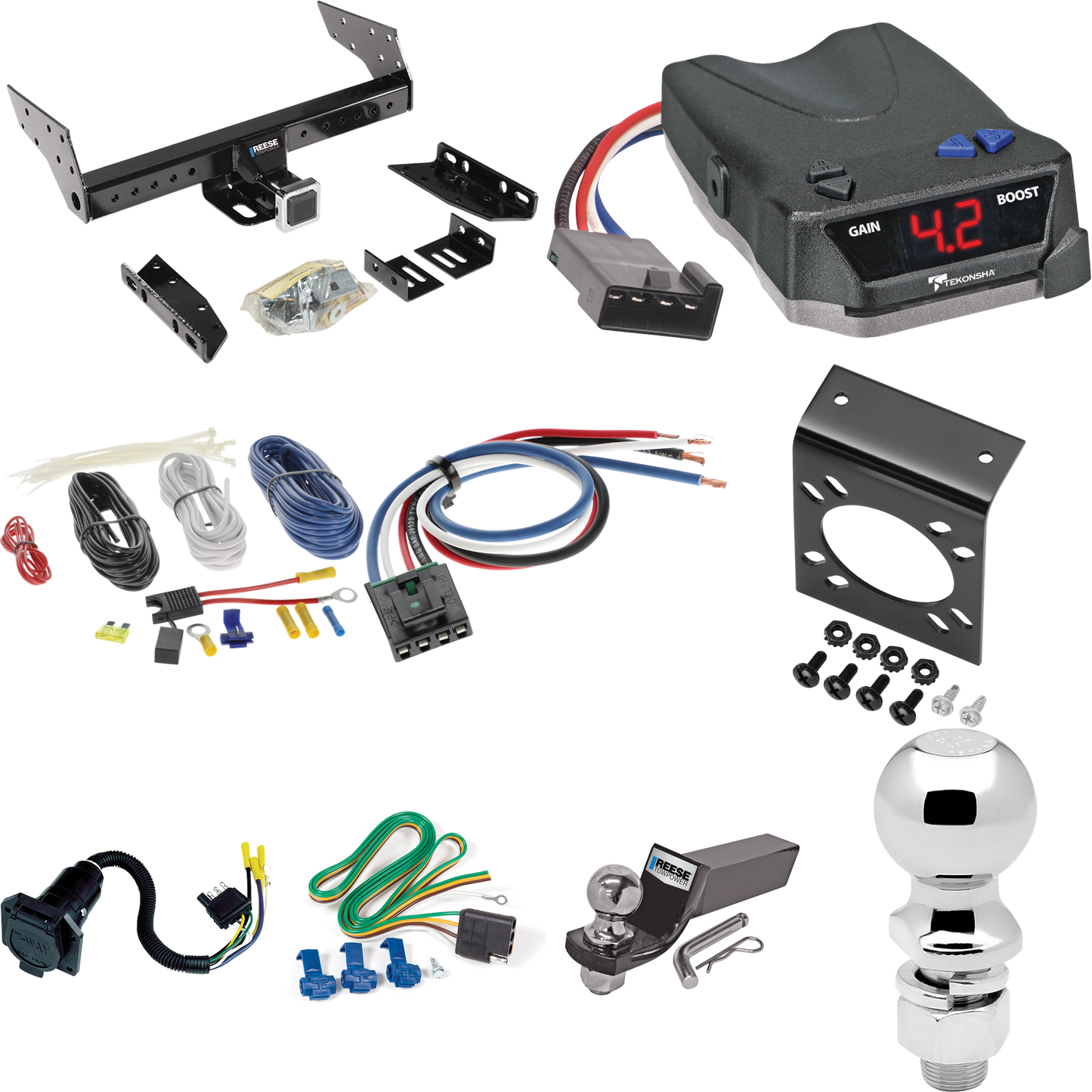 Fits 1996-1999 GMC Savana 3500 Trailer Hitch Tow PKG w/ Tekonsha BRAKE-EVN Brake Control + Generic BC Wiring Adapter + 7-Way RV Wiring + 2" & 2-5/16" Ball & Drop Mount By Reese Towpower