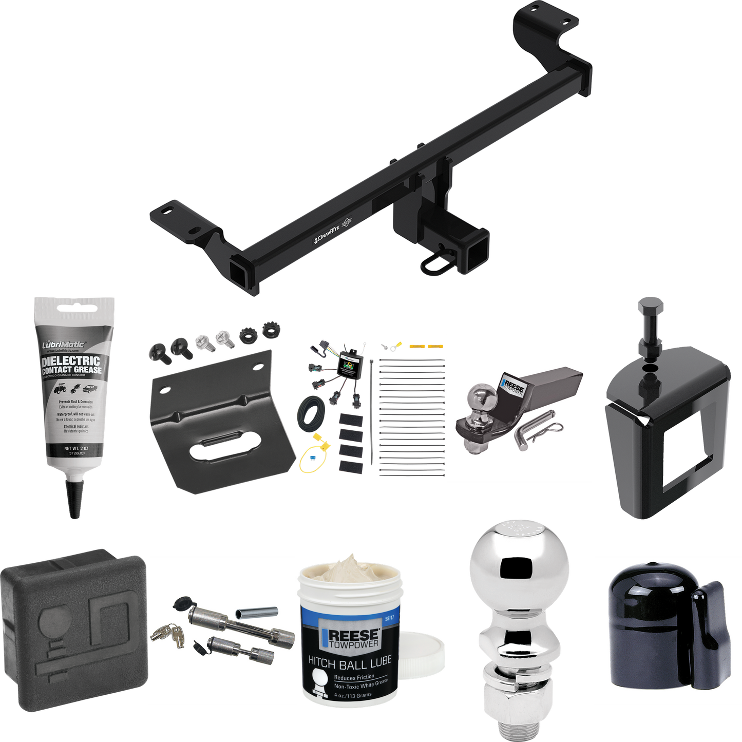 Fits 2021-2023 Lincoln Corsair Trailer Hitch Tow PKG w/ 4-Flat Zero Contact "No Splice" Wiring + Starter Kit Ball Mount w/ 2" Drop & 2" Ball + 2-5/16" Ball + Wiring Bracket + Dual Hitch & Coupler Locks + Hitch Cover + Wiring Tester + Ball Lube +Elect