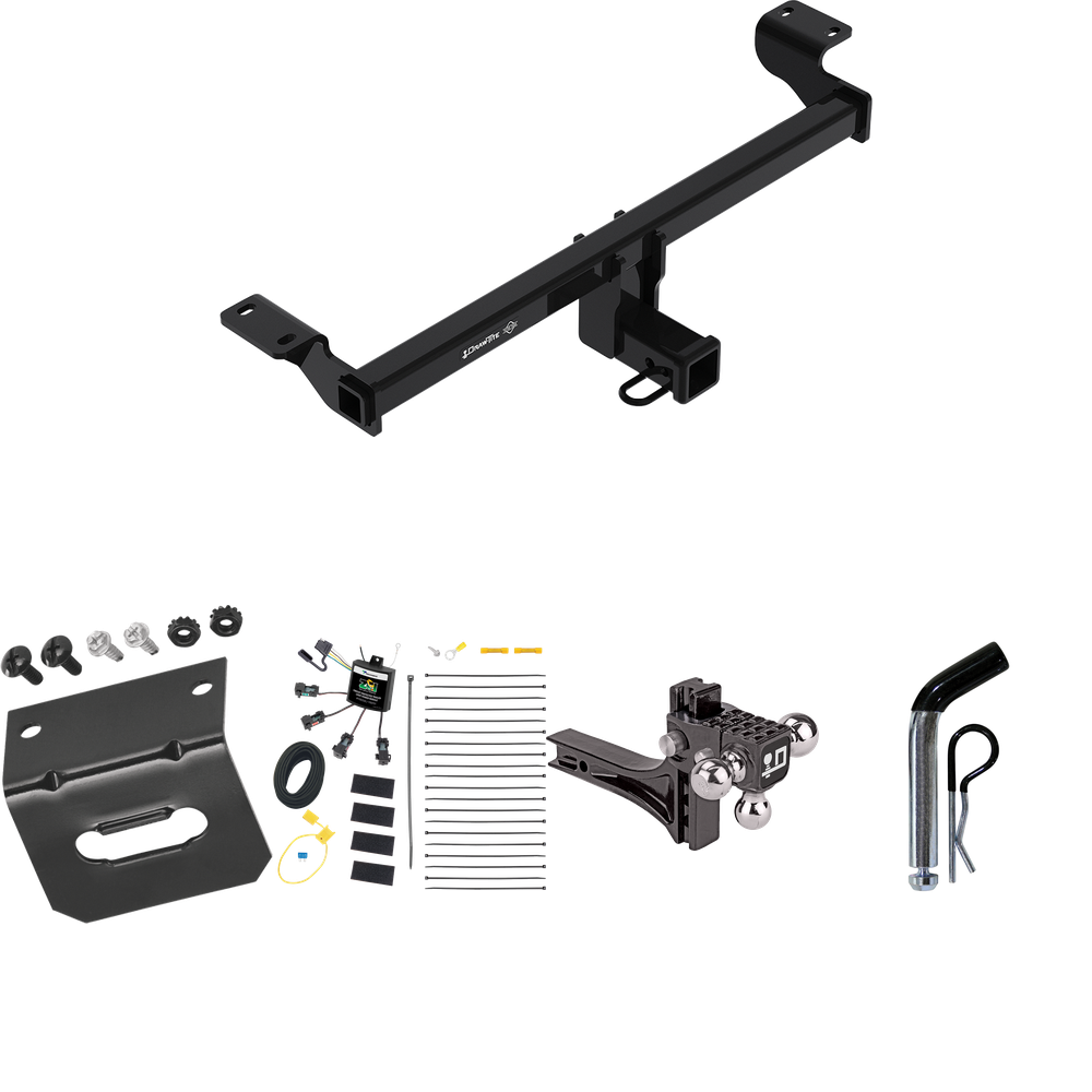 Fits 2021-2023 Lincoln Corsair Trailer Hitch Tow PKG w/ 4-Flat Zero Contact "No Splice" Wiring Harness + Adjustable Drop Rise Triple Ball Ball Mount 1-7/8" & 2" & 2-5/16" Trailer Balls + Pin/Clip + Wiring Bracket (Excludes: Plug-In-Hybrid Models) By