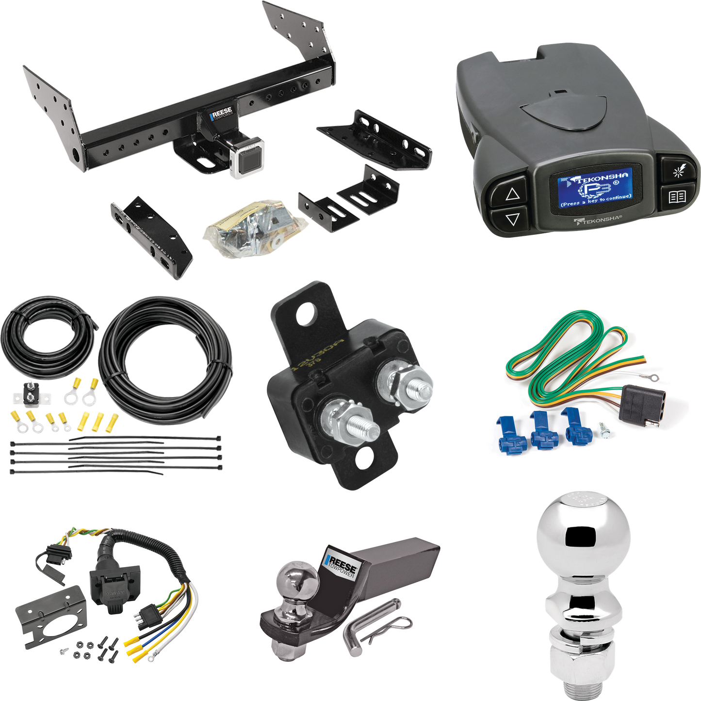 Se adapta al paquete de enganche de remolque Dodge Dakota 1987-1994 con control de freno Tekonsha Prodigy P3 + cableado RV de 7 vías + soporte de bola y caída de 2" y 2-5/16" de Reese Towpower