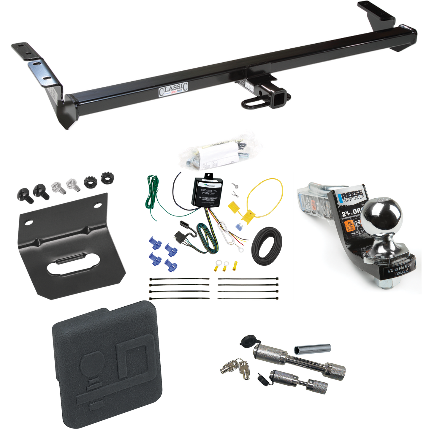 Fits 2000-2004 Toyota Avalon Trailer Hitch Tow PKG w/ 4-Flat Wiring Harness + Interlock Starter Kit w/ 2" Ball 2-1/2" Drop 2" Rise + Wiring Bracket + Hitch Cover + Dual Hitch & Coupler Locks By Draw-Tite