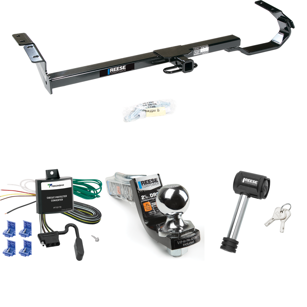 Fits 1995-1999 Toyota Avalon Trailer Hitch Tow PKG w/ 4-Flat Wiring Harness + Interlock Starter Kit w/ 2" Ball 2-1/2" Drop 2" Rise + Hitch Lock By Reese Towpower