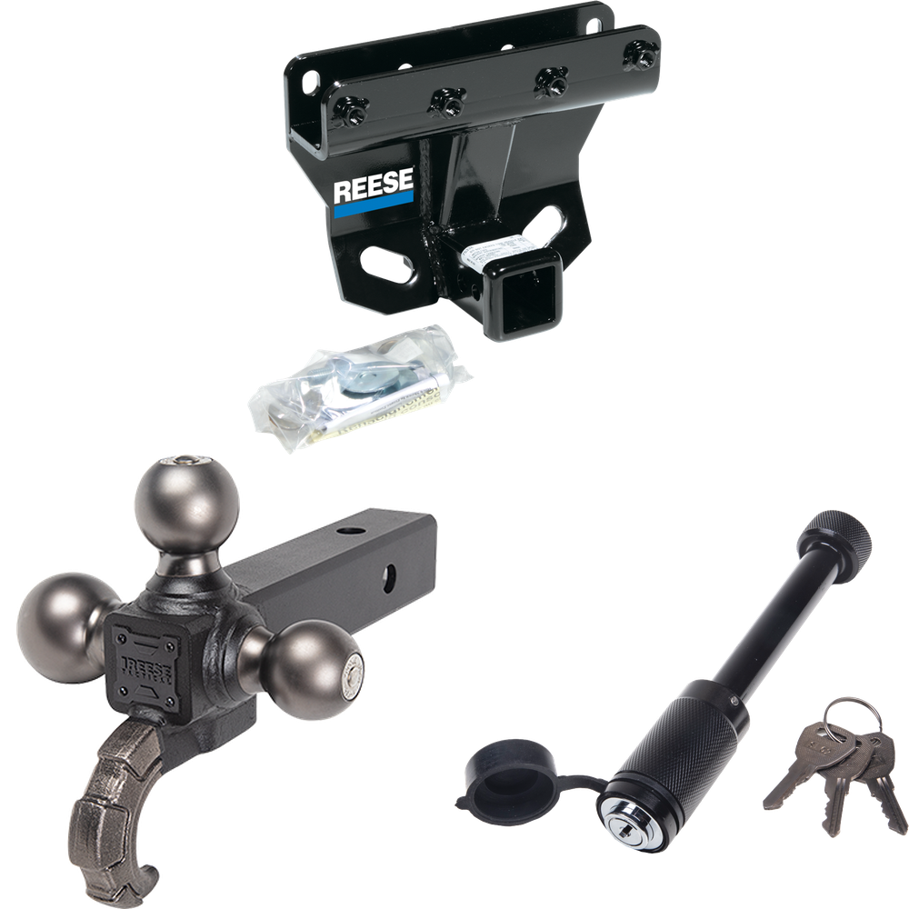 Fits 2006-2010 Jeep Commander Trailer Hitch Tow PKG + Triple Ball Tactical Ball Mount 1-7/8" & 2" & 2-5/16" Balls w/ Tow Hook + Tactical Dogbone Lock By Reese Towpower