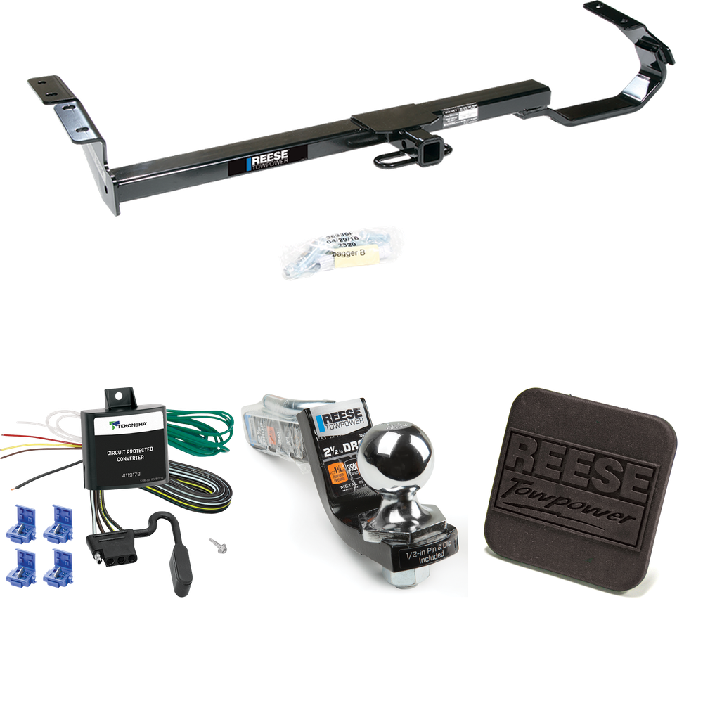 Fits 1995-1999 Toyota Avalon Trailer Hitch Tow PKG w/ 4-Flat Wiring Harness + Interlock Starter Kit w/ 2" Ball 2-1/2" Drop 2" Rise + Hitch Cover By Reese Towpower