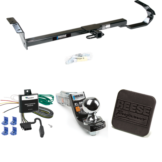 Fits 1995-1999 Toyota Avalon Trailer Hitch Tow PKG w/ 4-Flat Wiring Harness + Interlock Starter Kit w/ 2" Ball 2-1/2" Drop 2" Rise + Hitch Cover By Reese Towpower