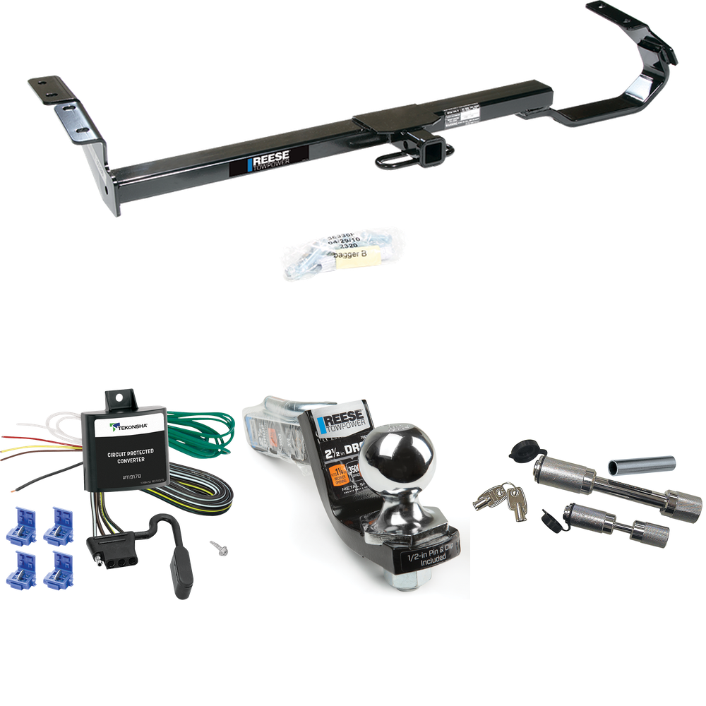 Fits 1997-2001 Toyota Camry Trailer Hitch Tow PKG w/ 4-Flat Wiring Harness + Interlock Starter Kit w/ 2" Ball 2-1/2" Drop 2" Rise + Dual Hitch & Coupler Locks (For Sedan Models) By Reese Towpower