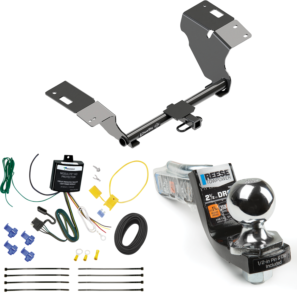 Fits 2019-2022 Toyota Avalon Trailer Hitch Tow PKG w/ 4-Flat Wiring Harness + Interlock Starter Kit w/ 2" Ball 2-1/2" Drop 2" Rise By Draw-Tite