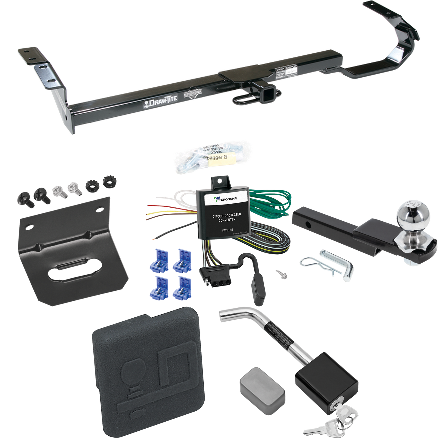 Fits 1999-2003 Toyota Solara Trailer Hitch Tow PKG w/ 4-Flat Wiring Harness + Interlock Starter Kit w/ 2" Ball 1-1/4" Drop 3/4" Rise + Wiring Bracket + Hitch Cover + Hitch Lock By Draw-Tite