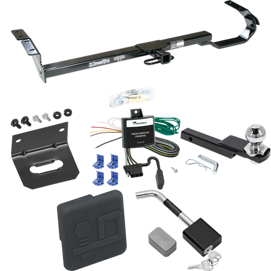 Fits 1999-2003 Toyota Solara Trailer Hitch Tow PKG w/ 4-Flat Wiring Harness + Interlock Starter Kit w/ 2" Ball 1-1/4" Drop 3/4" Rise + Wiring Bracket + Hitch Cover + Hitch Lock By Draw-Tite