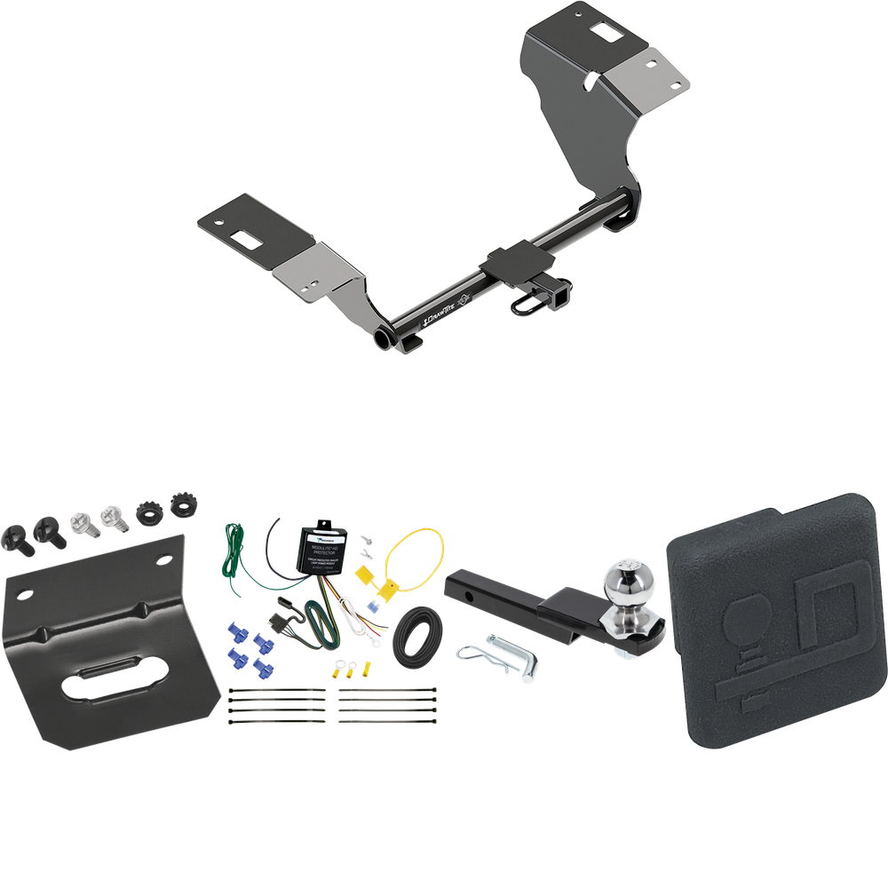 Fits 2019-2022 Toyota Avalon Trailer Hitch Tow PKG w/ 4-Flat Wiring Harness + Interlock Starter Kit w/ 2" Ball 1-1/4" Drop 3/4" Rise + Wiring Bracket + Hitch Cover By Draw-Tite