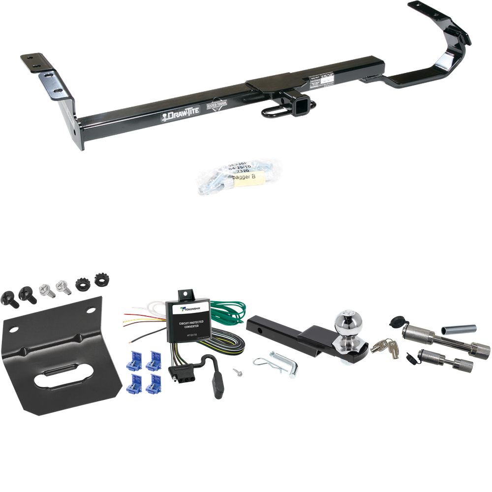 Fits 1997-2001 Toyota Camry Trailer Hitch Tow PKG w/ 4-Flat Wiring Harness + Interlock Starter Kit w/ 2" Ball 1-1/4" Drop 3/4" Rise + Wiring Bracket + Dual Hitch & Coupler Locks (For Sedan Models) By Draw-Tite