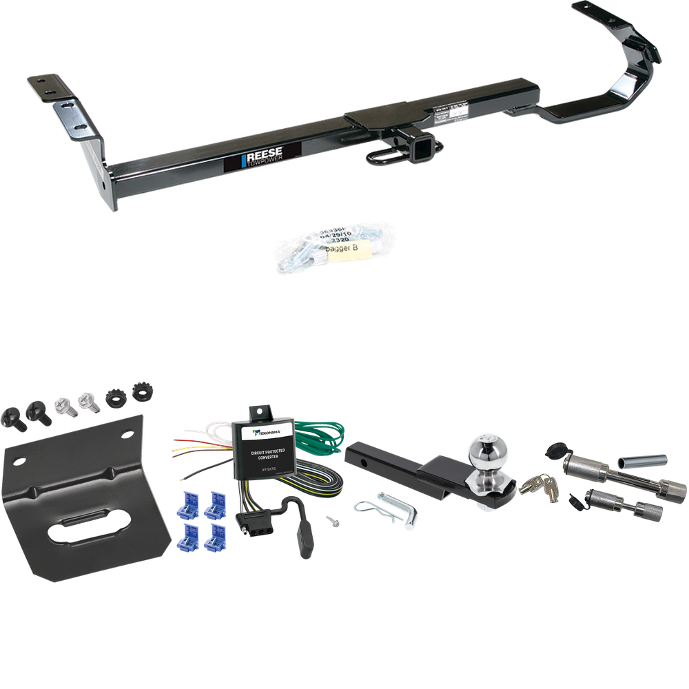 Fits 1995-1999 Toyota Avalon Trailer Hitch Tow PKG w/ 4-Flat Wiring Harness + Interlock Starter Kit w/ 2" Ball 1-1/4" Drop 3/4" Rise + Wiring Bracket + Dual Hitch & Coupler Locks By Reese Towpower