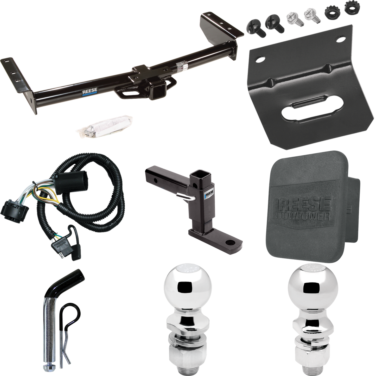 Fits 2000-2006 Chevrolet Suburban 2500 Trailer Hitch Tow PKG w/ 4-Flat Wiring + Adjustable Drop Rise Ball Mount + Pin/Clip + 2" Ball + 2-5/16" Ball + Wiring Bracket + Hitch Cover (For w/Amber Turn Signals Models) By Reese Towpower