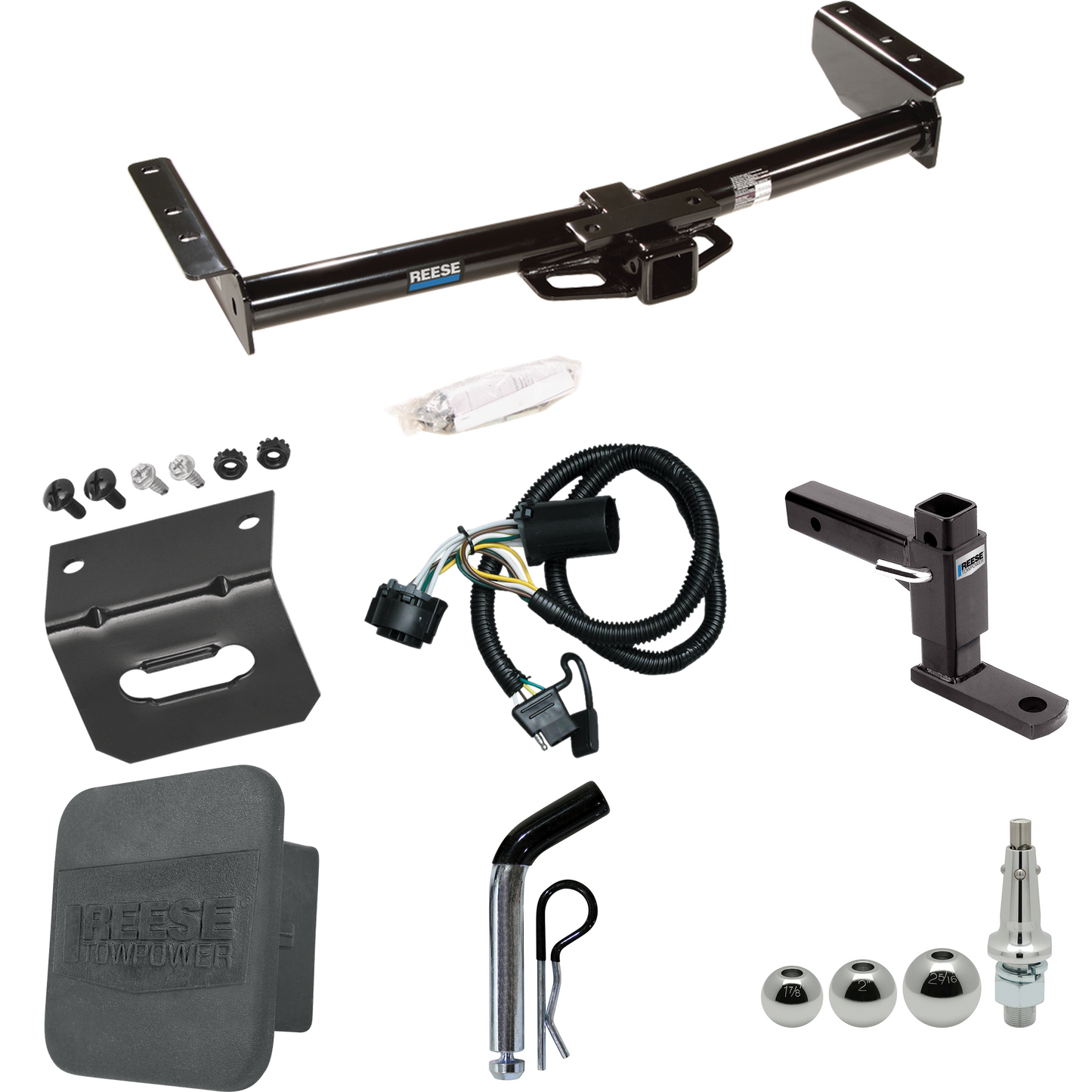 Fits 2002-2006 Chevrolet Avalanche 2500 Trailer Hitch Tow PKG w/ 4-Flat Wiring + Adjustable Drop Rise Ball Mount + Pin/Clip + Inerchangeable 1-7/8" & 2" & 2-5/16" Balls + Wiring Bracket + Hitch Cover By Reese Towpower