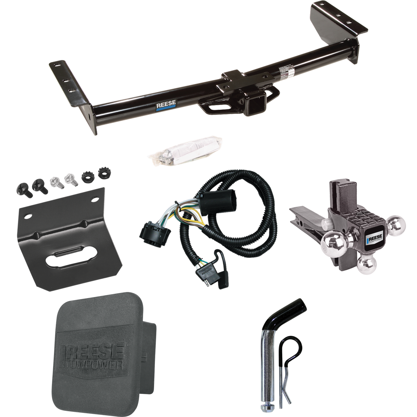 Fits 2000-2006 GMC Yukon XL 2500 Trailer Hitch Tow PKG w/ 4-Flat Wiring + Adjustable Drop Rise Triple Ball Ball Mount 1-7/8" & 2" & 2-5/16" Trailer Balls + Pin/Clip + Wiring Bracket + Hitch Cover By Reese Towpower