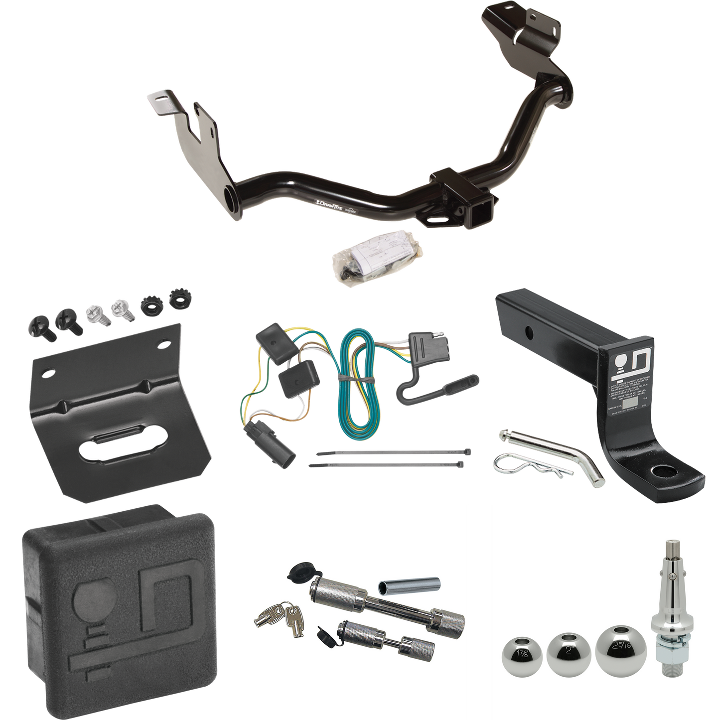 Fits 2008-2011 Mazda Tribute Trailer Hitch Tow PKG w/ 4-Flat Wiring + Ball Mount w/ 4" Drop + Interchangeable Ball 1-7/8" & 2" & 2-5/16" + Wiring Bracket + Dual Hitch & Coupler Locks + Hitch Cover (For w/Factory Tow Package Models) By Draw-Tite