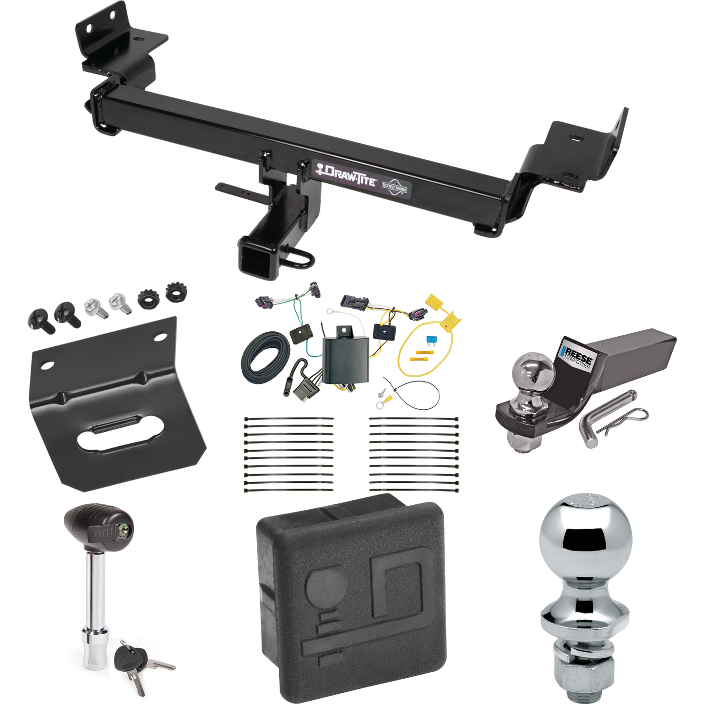 Fits 2017-2023 Jeep Compass Trailer Hitch Tow PKG w/ 4-Flat Wiring + Starter Kit Ball Mount w/ 2" Drop & 2" Ball + 1-7/8" Ball + Wiring Bracket + Hitch Lock + Hitch Cover (For (New Body Style) Models) By Draw-Tite