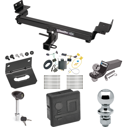 Fits 2017-2023 Jeep Compass Trailer Hitch Tow PKG w/ 4-Flat Wiring + Starter Kit Ball Mount w/ 2" Drop & 2" Ball + 1-7/8" Ball + Wiring Bracket + Hitch Lock + Hitch Cover (For (New Body Style) Models) By Draw-Tite