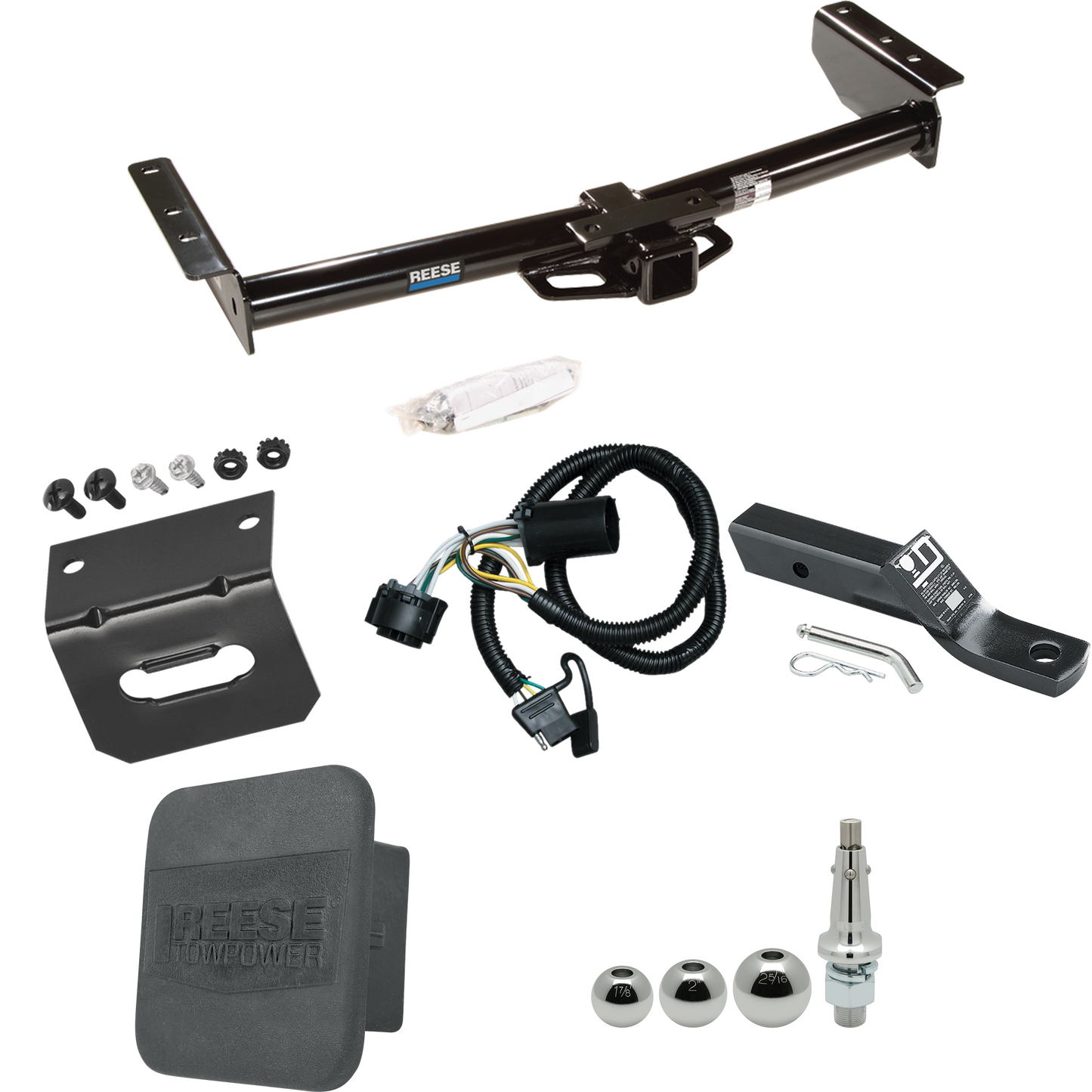 Fits 2000-2006 GMC Yukon XL 2500 Trailer Hitch Tow PKG w/ 4-Flat Wiring + Ball Mount w/ 2" Drop + Interchangeable Ball 1-7/8" & 2" & 2-5/16" + Wiring Bracket + Hitch Cover By Reese Towpower