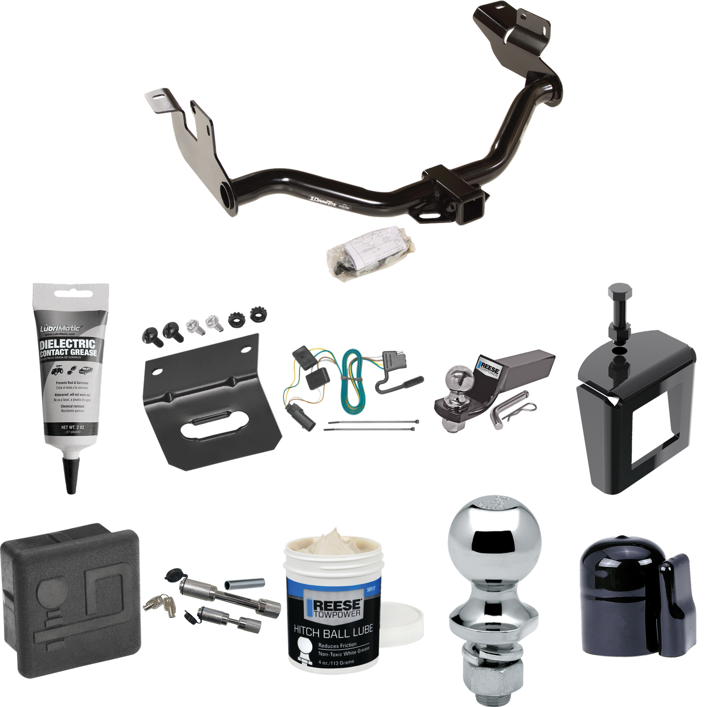 Fits 2008-2012 Ford Escape Trailer Hitch Tow PKG w/ 4-Flat Wiring + Starter Kit Ball Mount w/ 2" Drop & 2" Ball + 1-7/8" Ball + Wiring Bracket + Dual Hitch & Coupler Locks + Hitch Cover + Wiring Tester + Ball Lube +Electric Grease + Ball Wrench + Ant