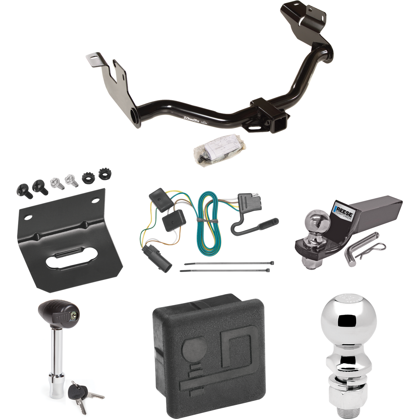 Fits 2008-2011 Mazda Tribute Trailer Hitch Tow PKG w/ 4-Flat Wiring + Starter Kit Ball Mount w/ 2" Drop & 2" Ball + 2-5/16" Ball + Wiring Bracket + Hitch Lock + Hitch Cover (For w/Factory Tow Package Models) By Draw-Tite