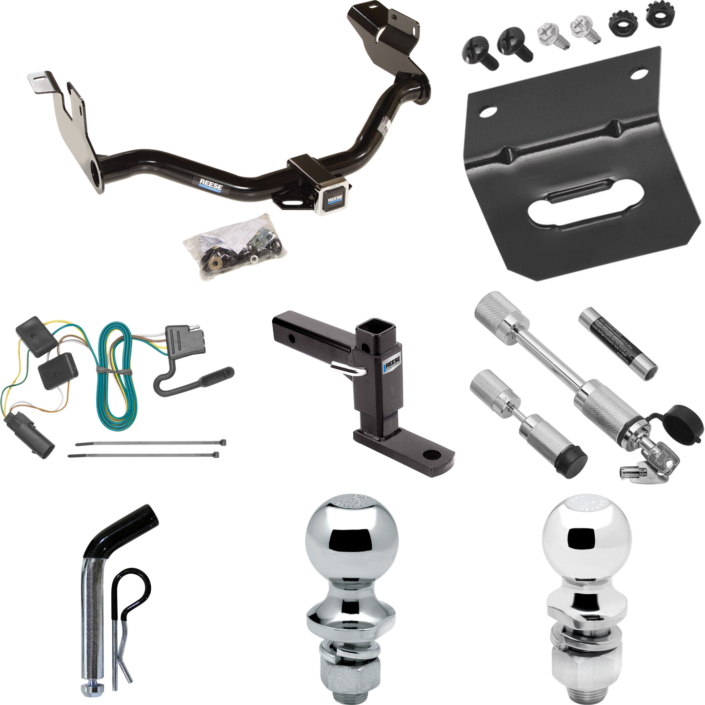 Fits 2008-2011 Mercury Mariner Trailer Hitch Tow PKG w/ 4-Flat Wiring Harness + Adjustable Drop Rise Ball Mount + Pin/Clip + 2" Ball + 1-7/8" Ball + Dual Hitch & Coupler Locks (For w/Factory Tow Package Models) By Reese Towpower