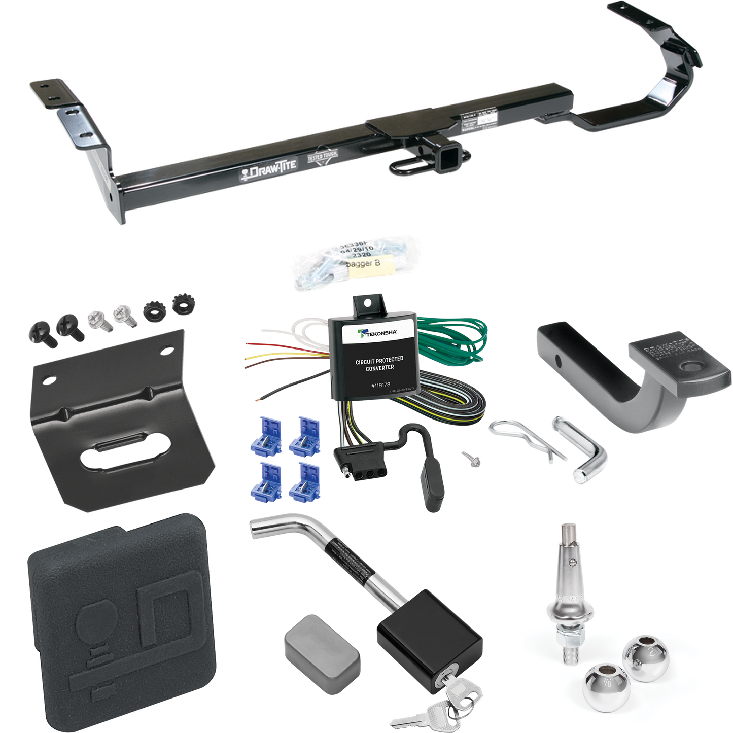 Fits 1997-2001 Toyota Camry Trailer Hitch Tow PKG w/ 4-Flat Wiring Harness + Draw-Bar + Interchangeable 1-7/8" & 2" Balls + Wiring Bracket + Hitch Cover + Hitch Lock (For Sedan Models) By Draw-Tite