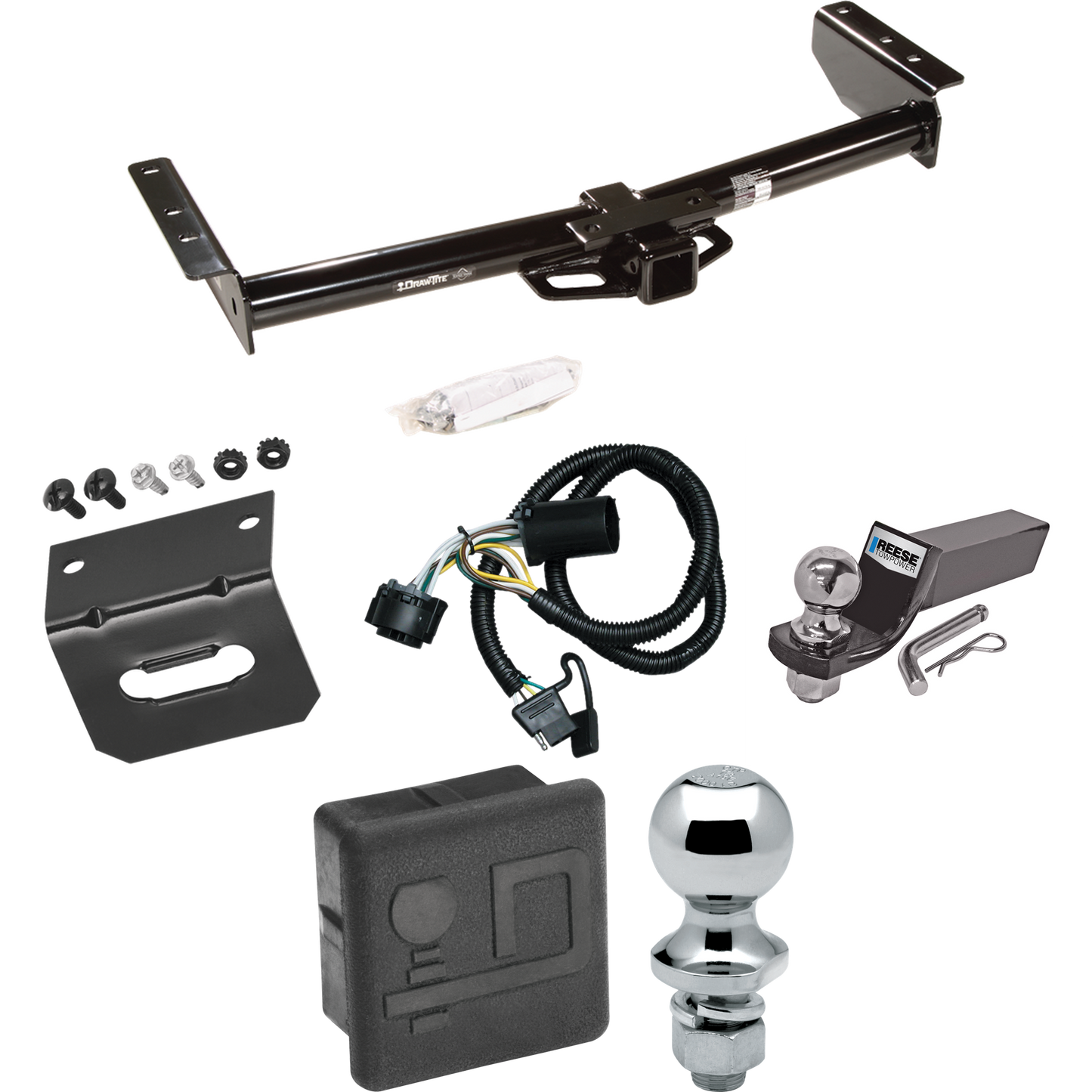 Fits 2000-2006 GMC Yukon XL 1500 Trailer Hitch Tow PKG w/ 4-Flat Wiring + Starter Kit Ball Mount w/ 2" Drop & 2" Ball + 1-7/8" Ball + Wiring Bracket + Hitch Cover By Draw-Tite