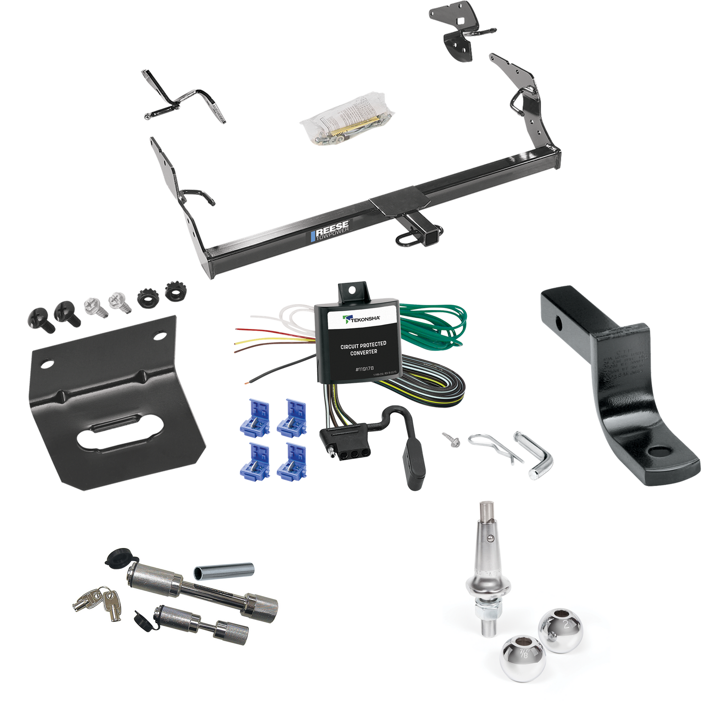 Se adapta al paquete de enganche de remolque Toyota Avalon 2005-2010 con arnés de cableado de 4 planos + barra de tracción + bolas intercambiables de 1-7/8" y 2" + soporte de cableado + enganche doble y cerraduras de acoplador de Reese Towpower