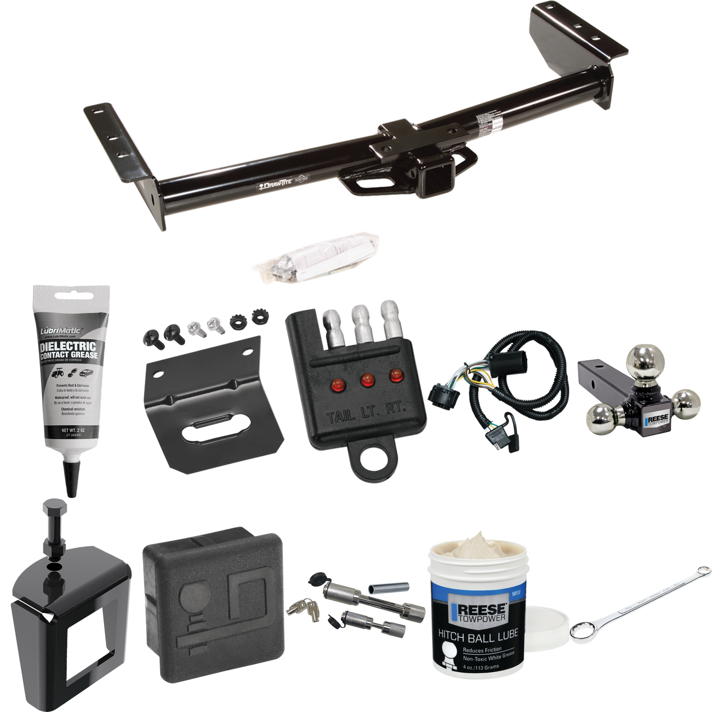 Fits 2000-2006 Chevrolet Suburban 1500 Trailer Hitch Tow PKG w/ 4-Flat Wiring + Triple Ball Ball Mount 1-7/8" & 2" & 2-5/16" Trailer Balls + Wiring Bracket + Hitch Cover + Dual Hitch & Coupler Locks + Wiring Tester + Ball Lube + Electric Grease + Bal