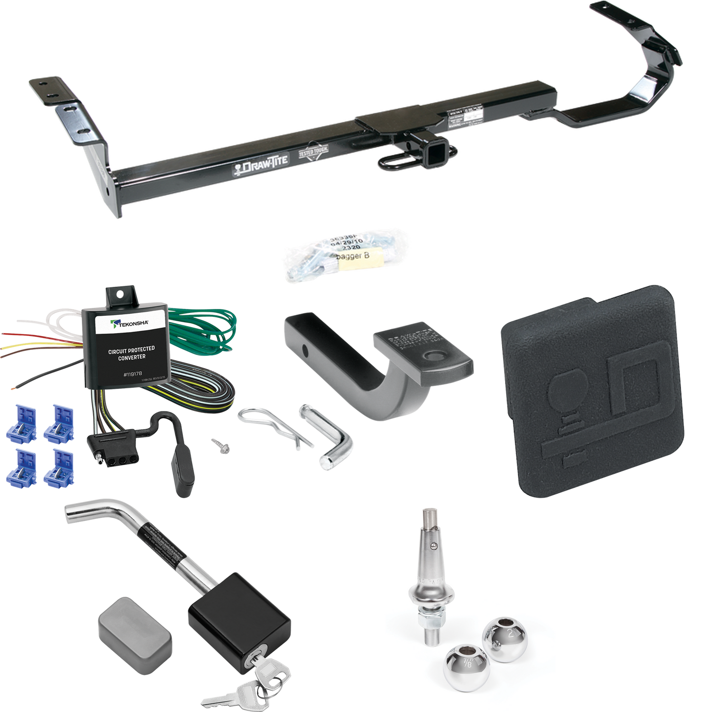 Fits 1999-2003 Toyota Solara Trailer Hitch Tow PKG w/ 4-Flat Wiring Harness + Draw-Bar + Interchangeable 1-7/8" & 2" Balls + Hitch Cover + Hitch Lock By Draw-Tite