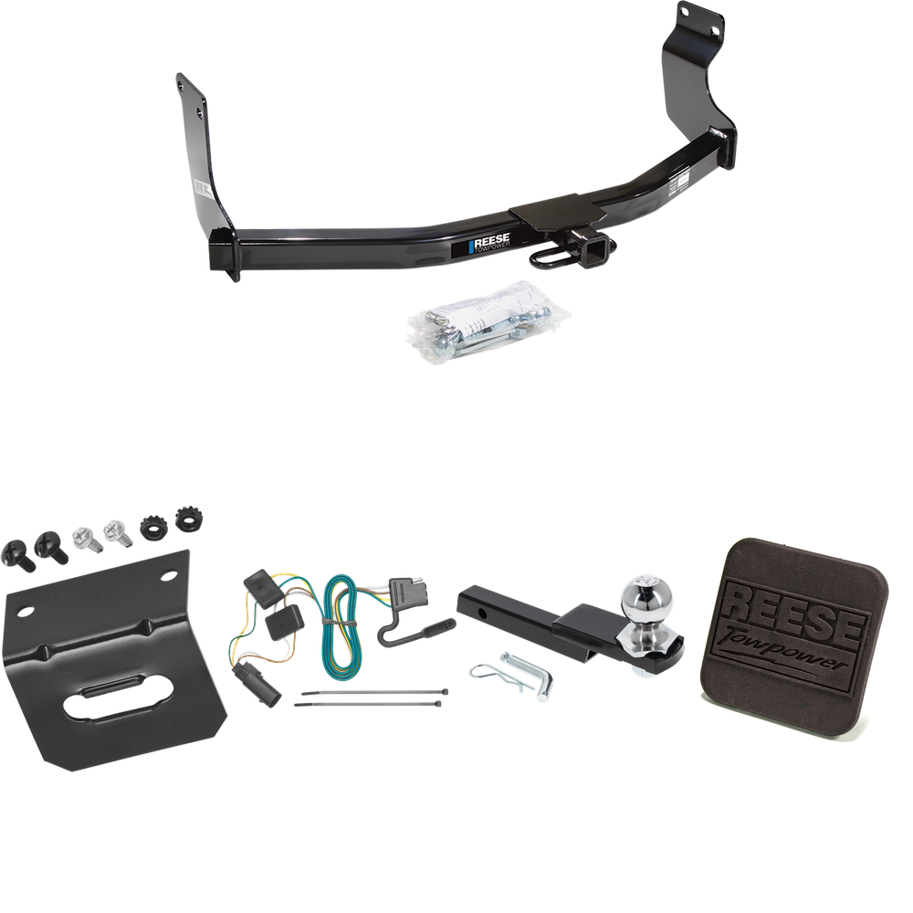 Fits 2008-2011 Mercury Mariner Trailer Hitch Tow PKG w/ 4-Flat Wiring Harness + Interlock Starter Kit w/ 2" Ball 1-1/4" Drop 3/4" Rise + Wiring Bracket + Hitch Cover (For w/Factory Tow Package Models) By Reese Towpower