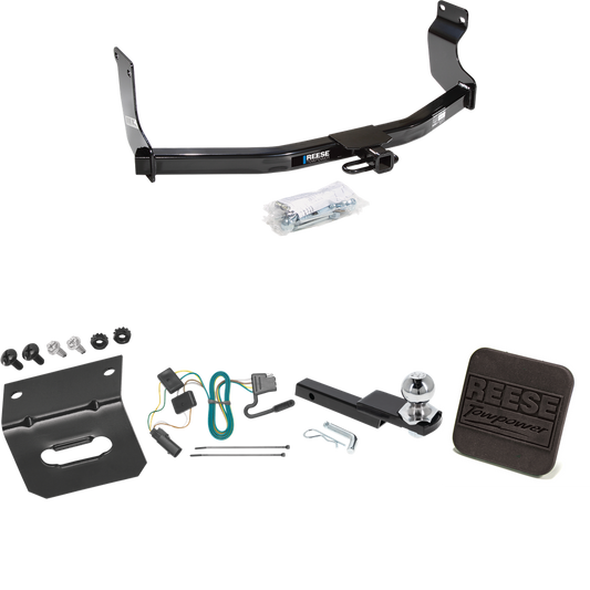 Fits 2008-2011 Mercury Mariner Trailer Hitch Tow PKG w/ 4-Flat Wiring Harness + Interlock Starter Kit w/ 2" Ball 1-1/4" Drop 3/4" Rise + Wiring Bracket + Hitch Cover (For w/Factory Tow Package Models) By Reese Towpower