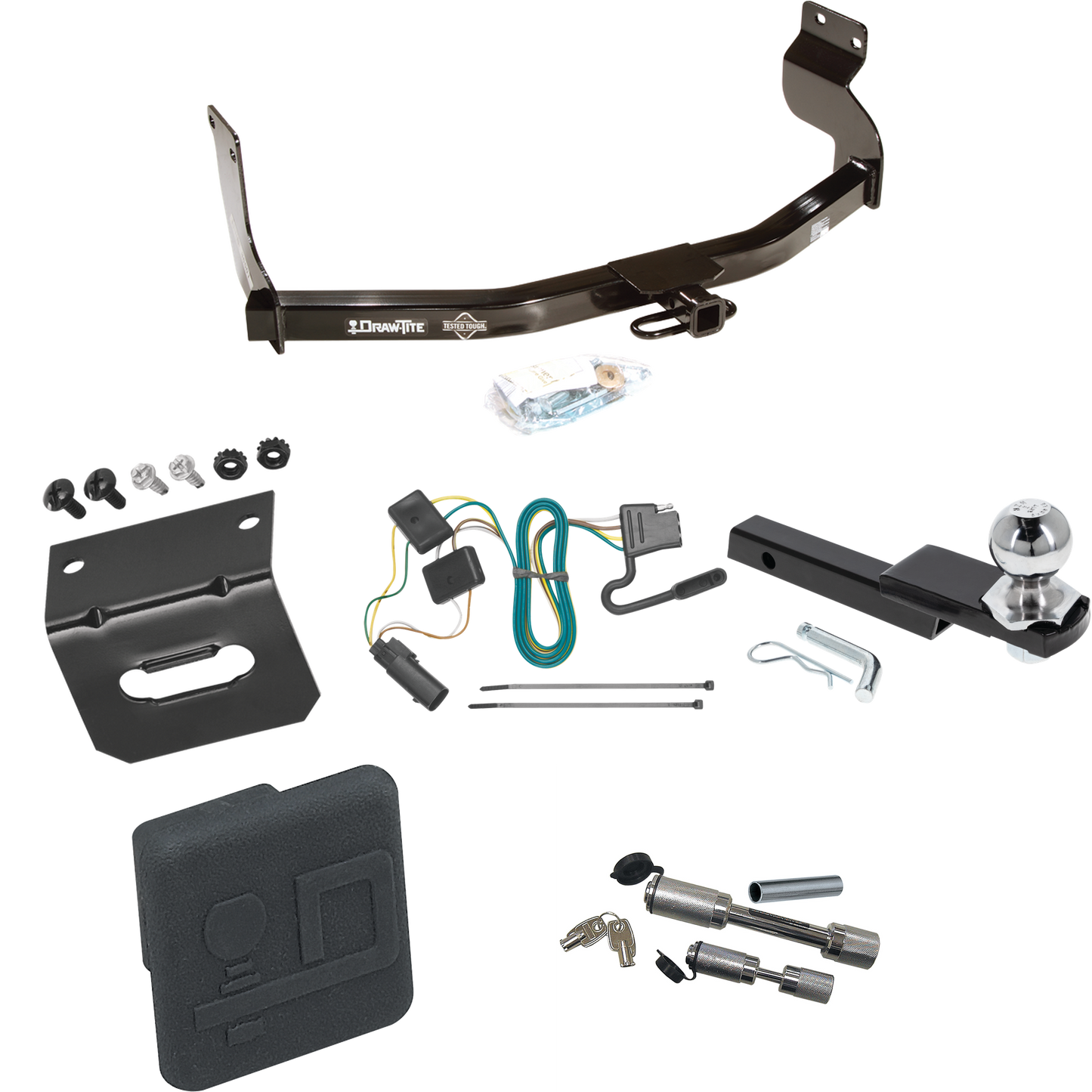 Fits 2008-2011 Mercury Mariner Trailer Hitch Tow PKG w/ 4-Flat Wiring Harness + Interlock Starter Kit w/ 2" Ball 1-1/4" Drop 3/4" Rise + Wiring Bracket + Hitch Cover + Dual Hitch & Coupler Locks (For w/Factory Tow Package Models) By Draw-Tite