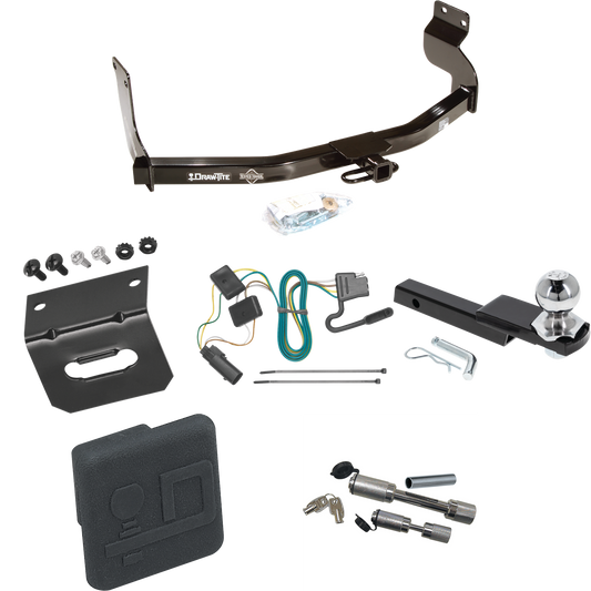 Fits 2008-2011 Mercury Mariner Trailer Hitch Tow PKG w/ 4-Flat Wiring Harness + Interlock Starter Kit w/ 2" Ball 1-1/4" Drop 3/4" Rise + Wiring Bracket + Hitch Cover + Dual Hitch & Coupler Locks (For w/Factory Tow Package Models) By Draw-Tite