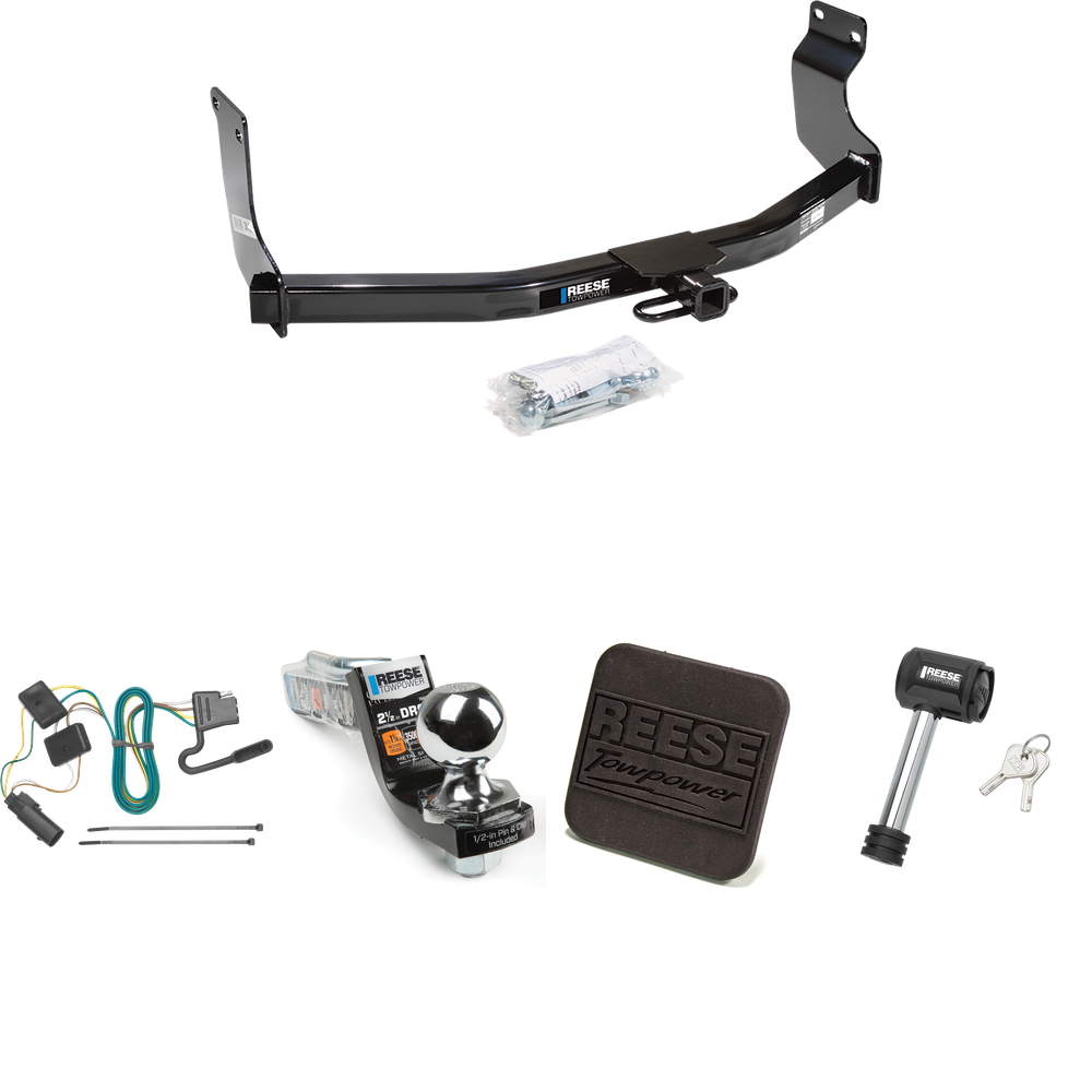 Fits 2008-2011 Mercury Mariner Trailer Hitch Tow PKG w/ 4-Flat Wiring Harness + Interlock Starter Kit w/ 2" Ball 2-1/2" Drop 2" Rise + Hitch Cover + Hitch Lock (For w/Factory Tow Package Models) By Reese Towpower