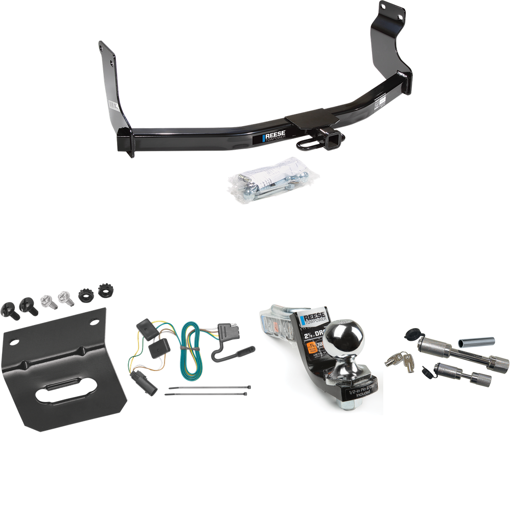 Fits 2008-2011 Mazda Tribute Trailer Hitch Tow PKG w/ 4-Flat Wiring Harness + Interlock Starter Kit w/ 2" Ball 2-1/2" Drop 2" Rise + Wiring Bracket + Dual Hitch & Coupler Locks (For w/Factory Tow Package Models) By Reese Towpower