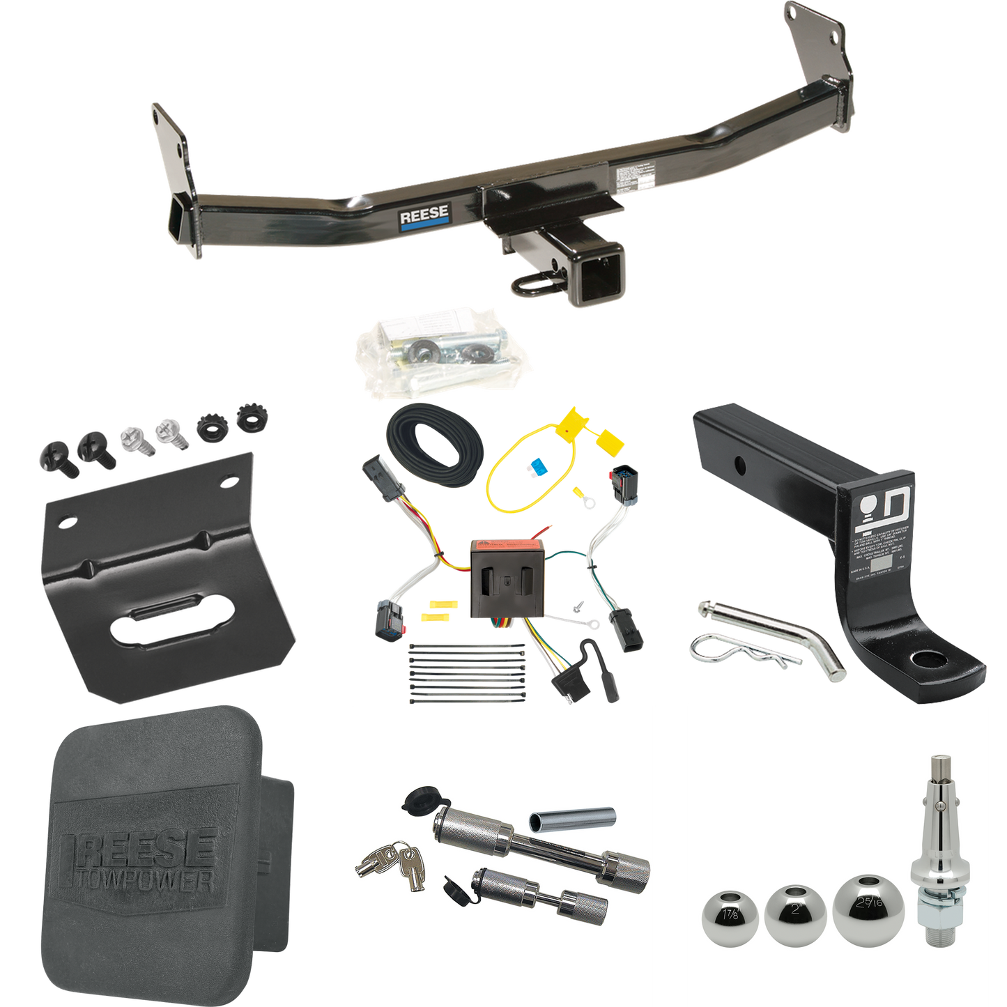 Fits 2011-2017 Jeep Compass Trailer Hitch Tow PKG w/ 4-Flat Wiring + Ball Mount w/ 4" Drop + Interchangeable Ball 1-7/8" & 2" & 2-5/16" + Wiring Bracket + Dual Hitch & Coupler Locks + Hitch Cover (For (Old Body Style) Models) By Reese Towpower