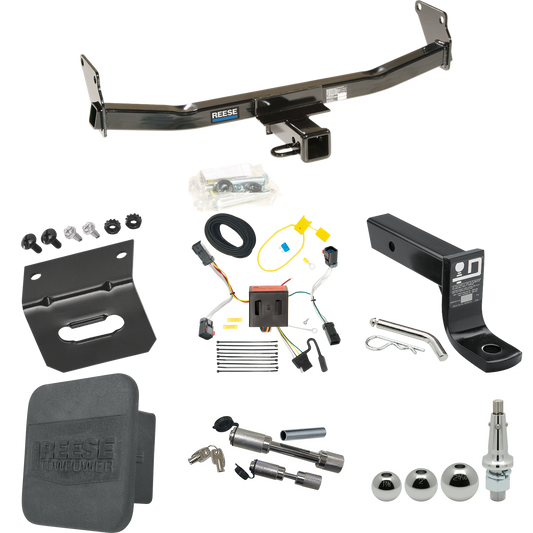 Fits 2011-2017 Jeep Compass Trailer Hitch Tow PKG w/ 4-Flat Wiring + Ball Mount w/ 4" Drop + Interchangeable Ball 1-7/8" & 2" & 2-5/16" + Wiring Bracket + Dual Hitch & Coupler Locks + Hitch Cover (For (Old Body Style) Models) By Reese Towpower